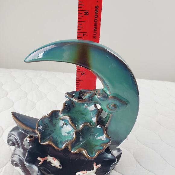 Ceramic Backflow Incense Burner Crescent Moon Lotus Waterfall Koi Fish Blue - Picture 7 of 7